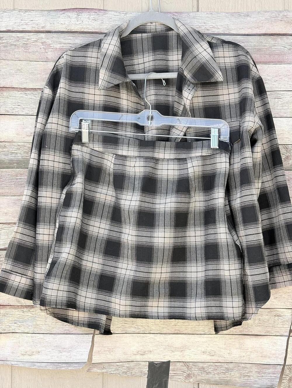 Black and Beige Plaid Button-Up Shirt and matching skirt